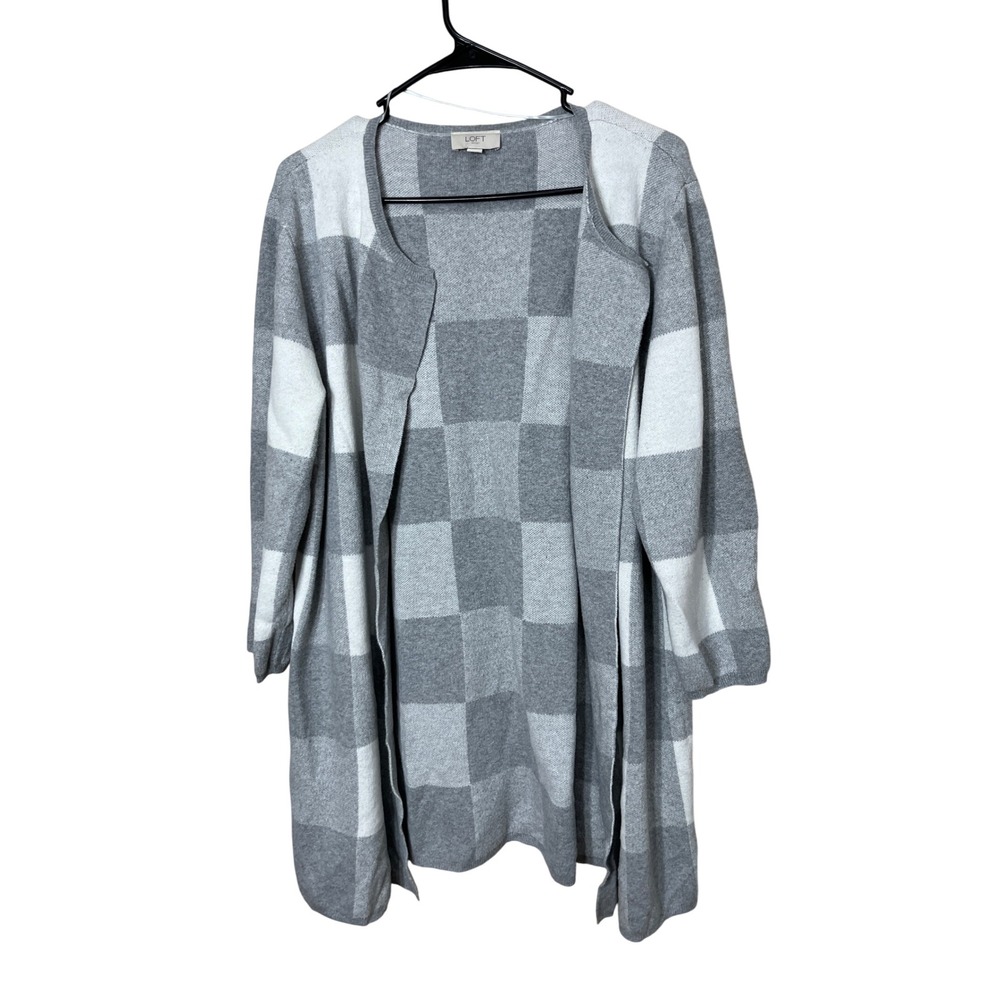 LOFT Outlet XL Gray‎ & White Checkered Long Sleeve Open Front Cardigan
